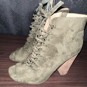 Olive Green Suede Lace-Up Ankle Boots